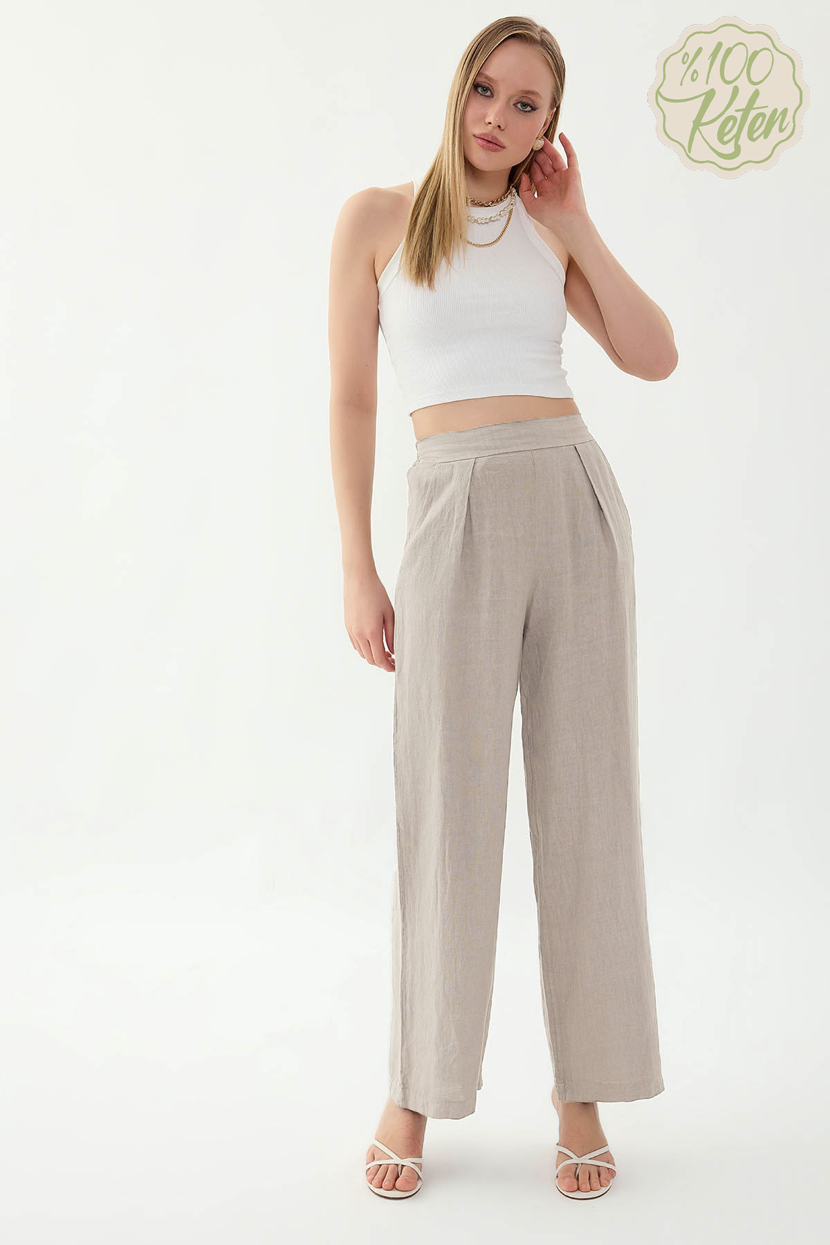 %100 Keten Beli Lastikli Önü Pileli Pantolon - Thumbnail