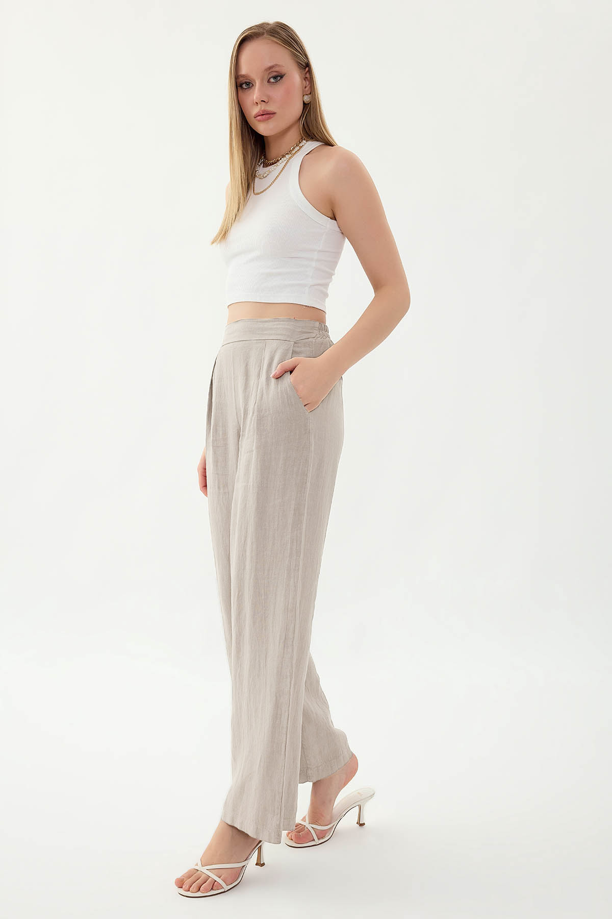 %100 Keten Beli Lastikli Önü Pileli Pantolon - Thumbnail