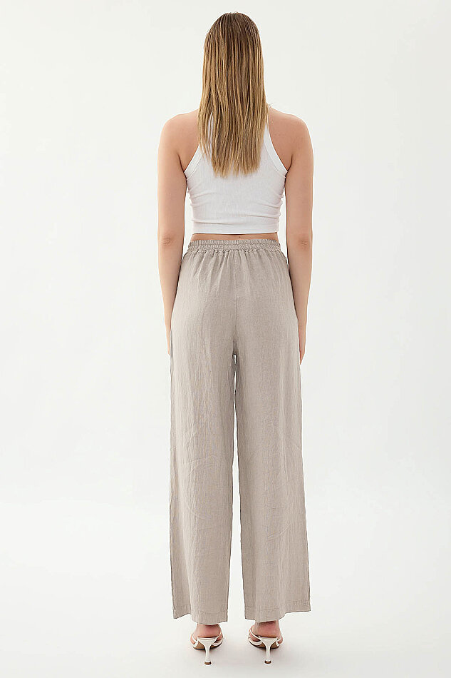 %100 Keten Beli Lastikli Önü Pileli Pantolon - 23