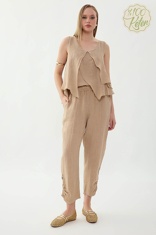 %100 Keten Beli Lastikli Paçası Düğmeli Pantolon - 9