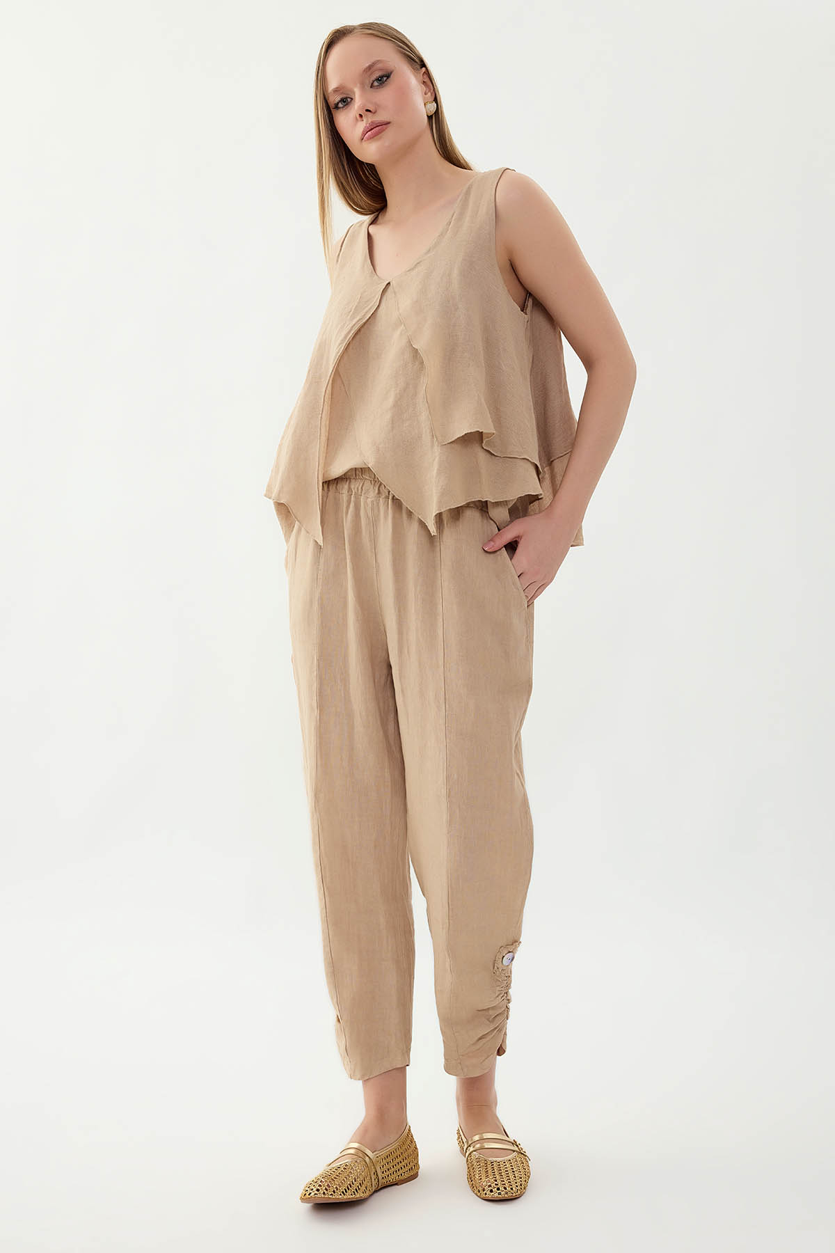 %100 Keten Beli Lastikli Paçası Düğmeli Pantolon - Thumbnail