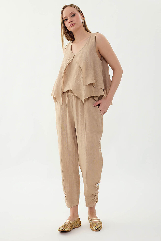 %100 Keten Beli Lastikli Paçası Düğmeli Pantolon - 10