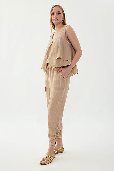 %100 Keten Beli Lastikli Paçası Düğmeli Pantolon - 11