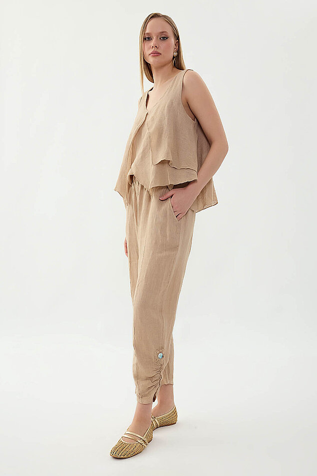 %100 Keten Beli Lastikli Paçası Düğmeli Pantolon - 11