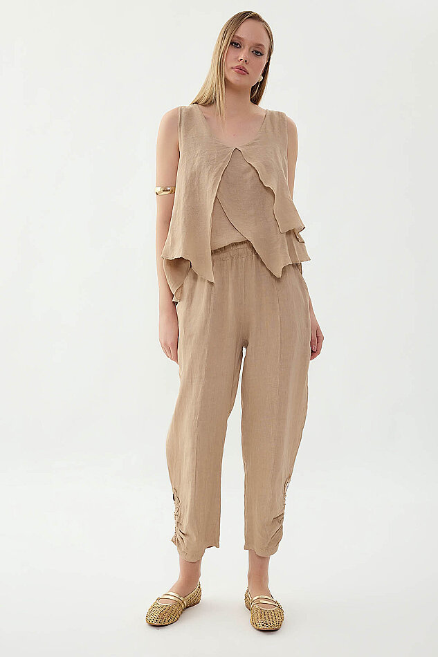 %100 Keten Beli Lastikli Paçası Düğmeli Pantolon - 12