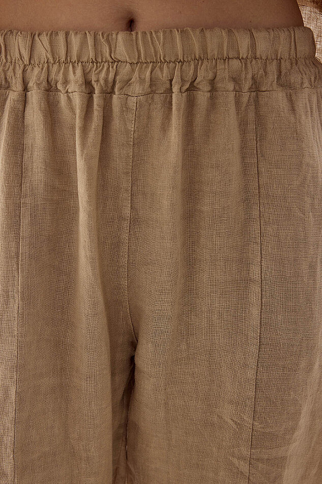 %100 Keten Beli Lastikli Paçası Düğmeli Pantolon - 14