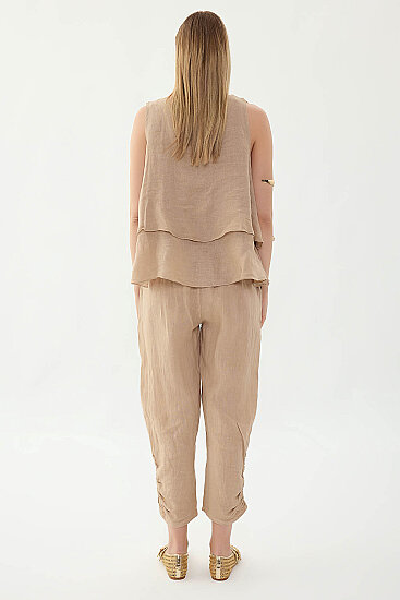 %100 Keten Beli Lastikli Paçası Düğmeli Pantolon - 13