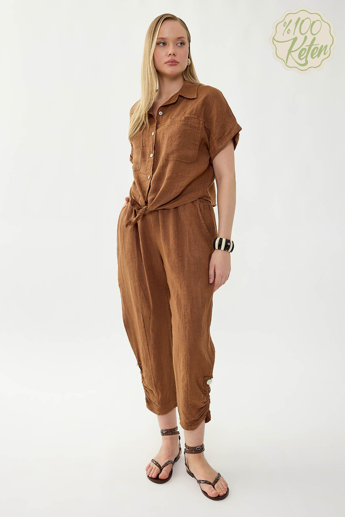 %100 Keten Beli Lastikli Paçası Düğmeli Pantolon - Thumbnail