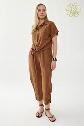 %100 Keten Beli Lastikli Paçası Düğmeli Pantolon (1)