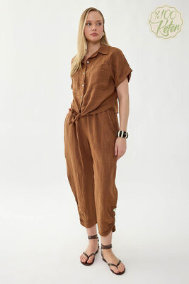 %100 Keten Beli Lastikli Paçası Düğmeli Pantolon (1)