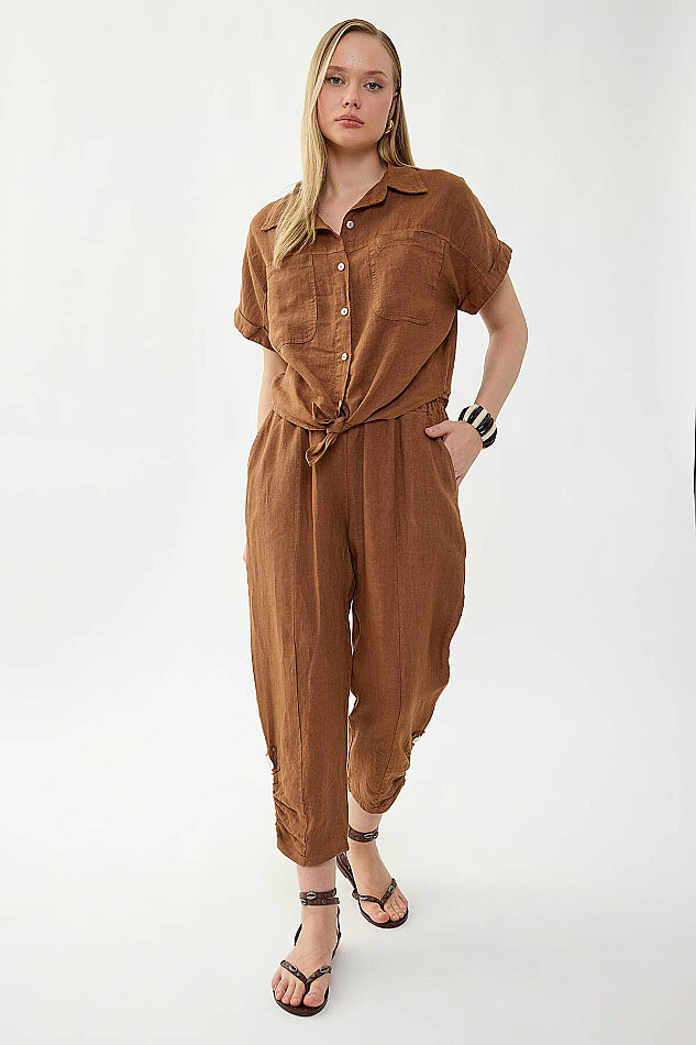 %100 Keten Beli Lastikli Paçası Düğmeli Pantolon - 3