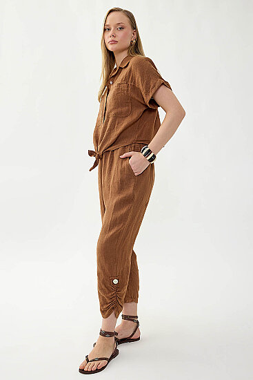 %100 Keten Beli Lastikli Paçası Düğmeli Pantolon - 4