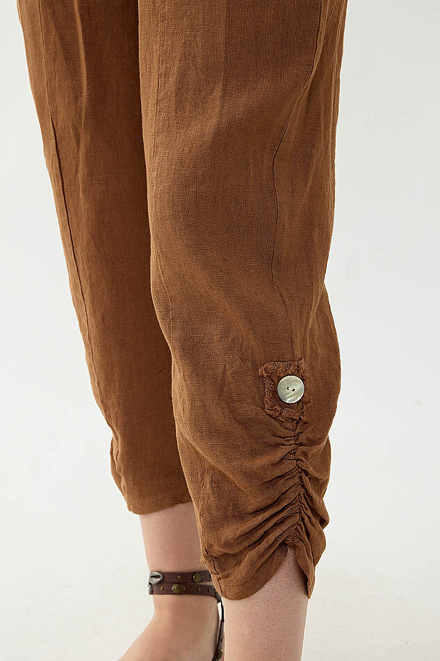 %100 Keten Beli Lastikli Paçası Düğmeli Pantolon - 7