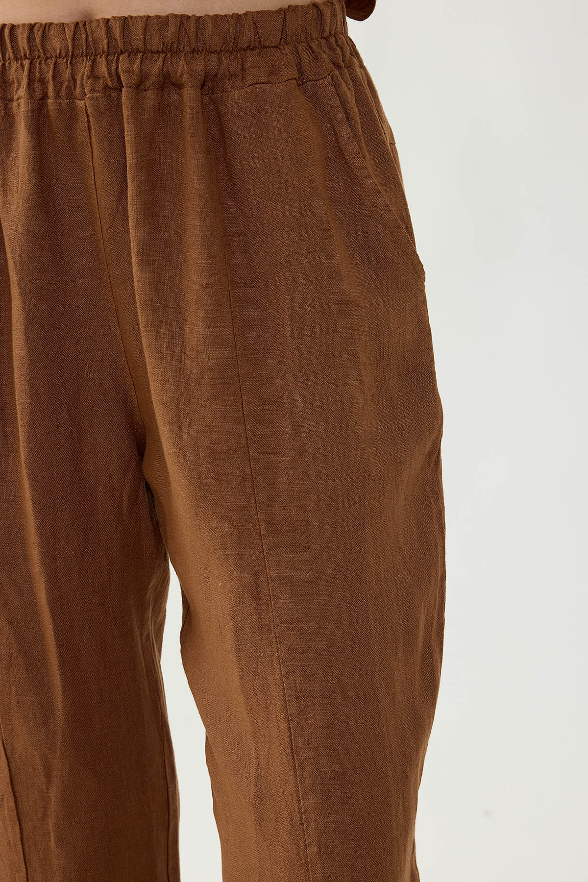 %100 Keten Beli Lastikli Paçası Düğmeli Pantolon - Thumbnail