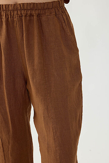 %100 Keten Beli Lastikli Paçası Düğmeli Pantolon - 5