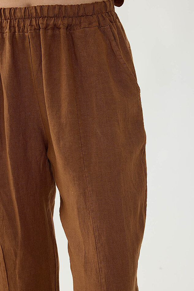 %100 Keten Beli Lastikli Paçası Düğmeli Pantolon - 5