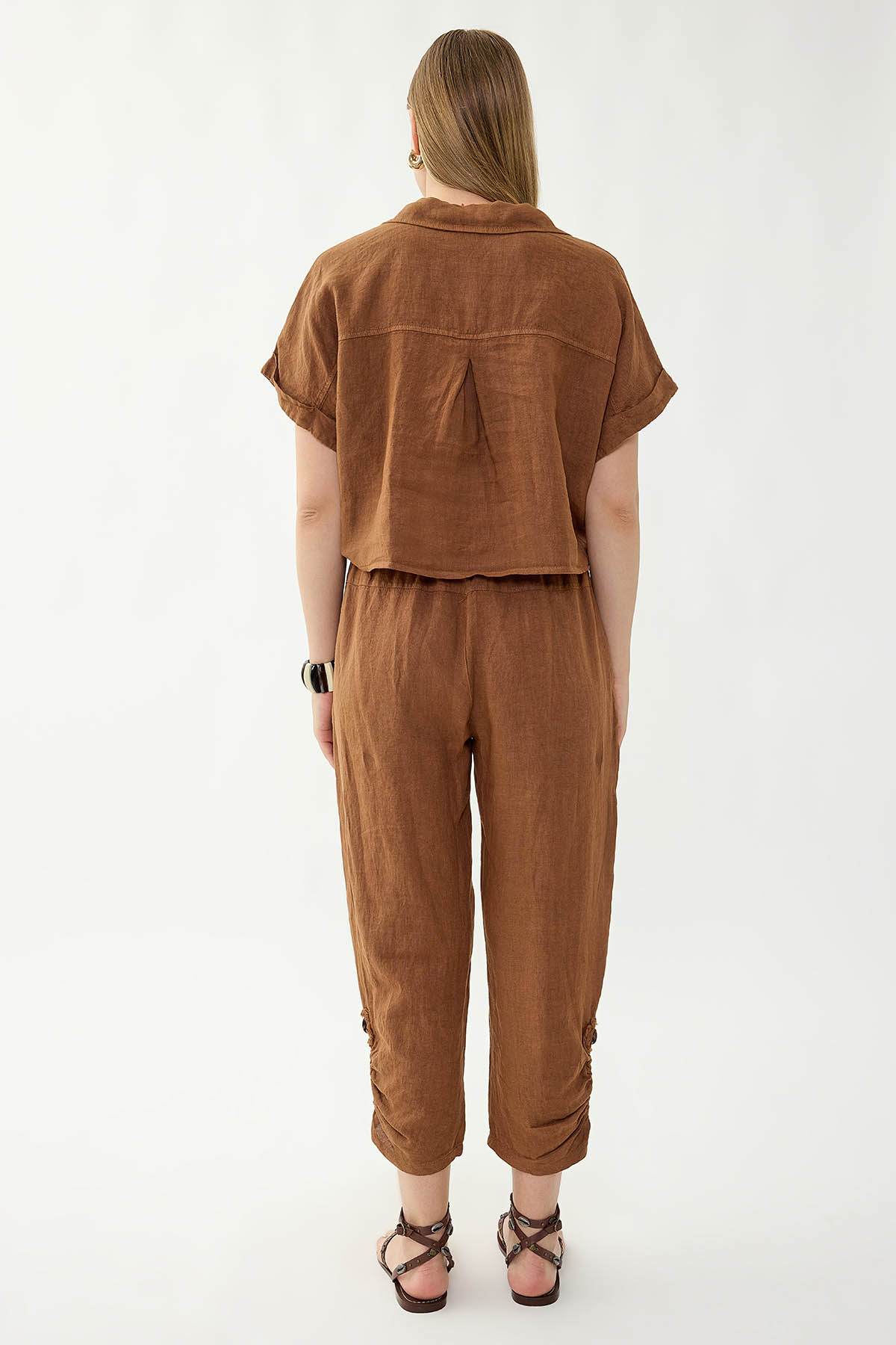 %100 Keten Beli Lastikli Paçası Düğmeli Pantolon - Thumbnail