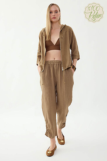 %100 Keten Beli Lastikli Paçası Düğmeli Pantolon - 15