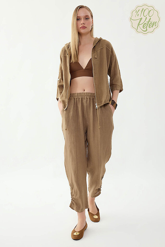 %100 Keten Beli Lastikli Paçası Düğmeli Pantolon - 15