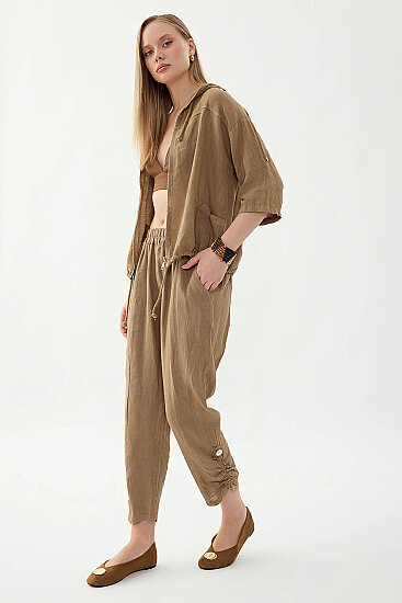 %100 Keten Beli Lastikli Paçası Düğmeli Pantolon - 16