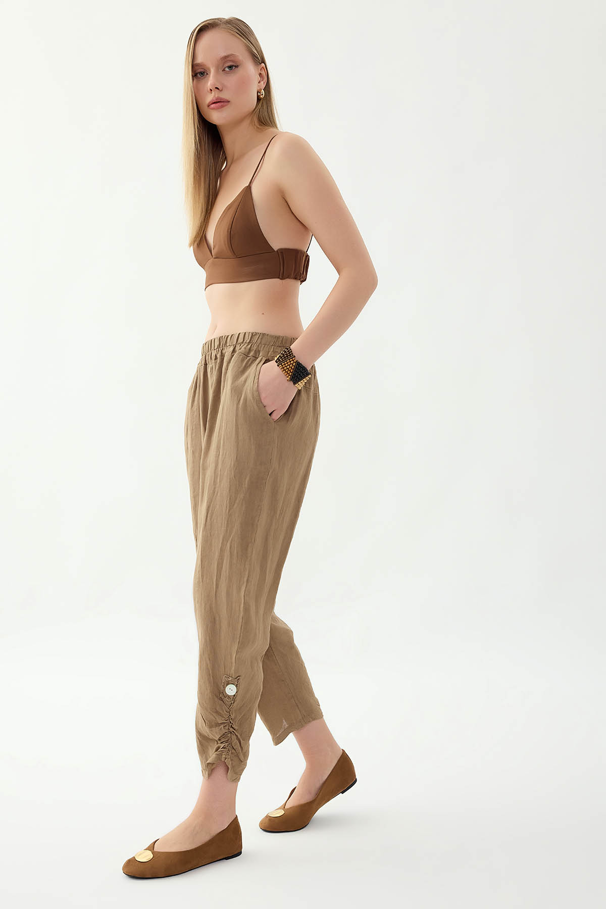 %100 Keten Beli Lastikli Paçası Düğmeli Pantolon - Thumbnail