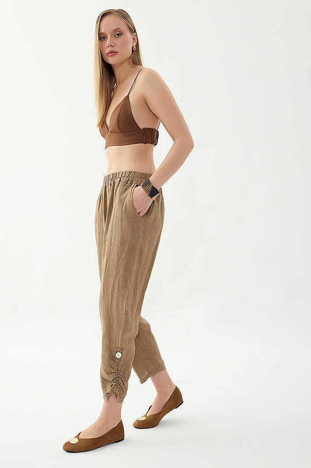 %100 Keten Beli Lastikli Paçası Düğmeli Pantolon - 17