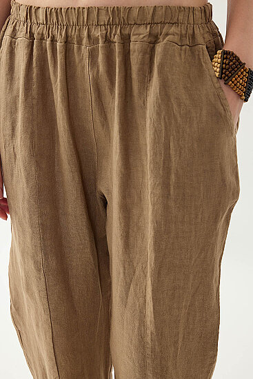 %100 Keten Beli Lastikli Paçası Düğmeli Pantolon - 18