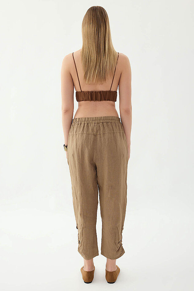 %100 Keten Beli Lastikli Paçası Düğmeli Pantolon - 19