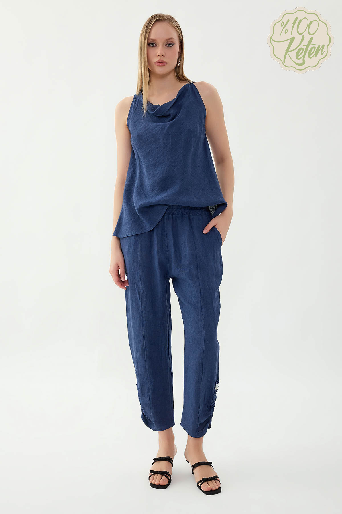 %100 Keten Beli Lastikli Paçası Düğmeli Pantolon - Thumbnail