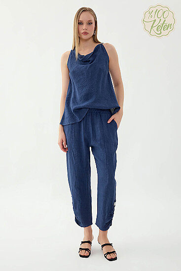 %100 Keten Beli Lastikli Paçası Düğmeli Pantolon - 20