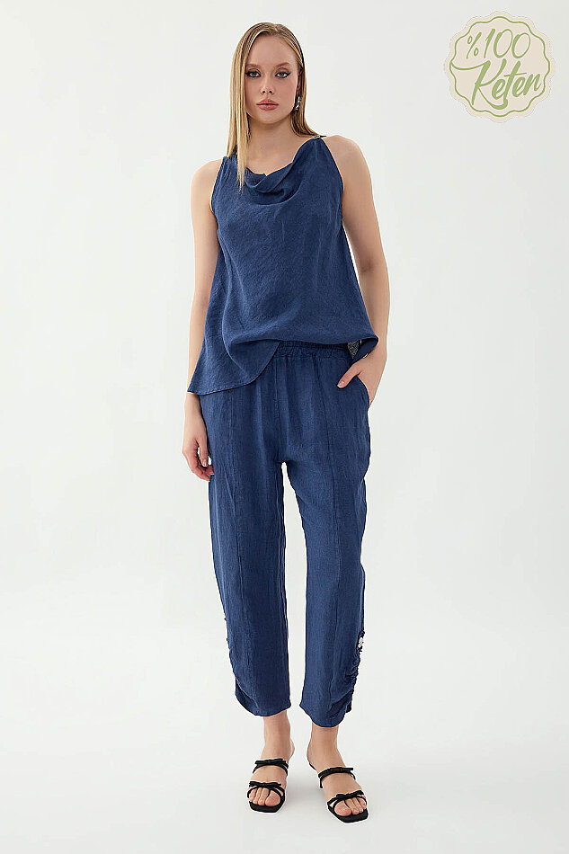 %100 Keten Beli Lastikli Paçası Düğmeli Pantolon - 20