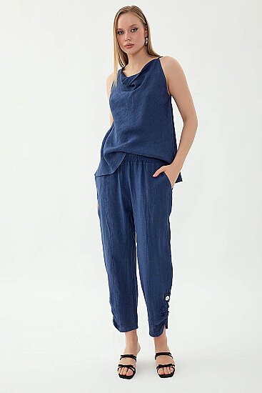 %100 Keten Beli Lastikli Paçası Düğmeli Pantolon - 21