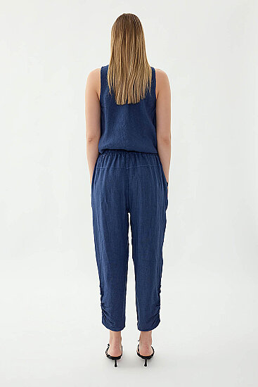 %100 Keten Beli Lastikli Paçası Düğmeli Pantolon - 24