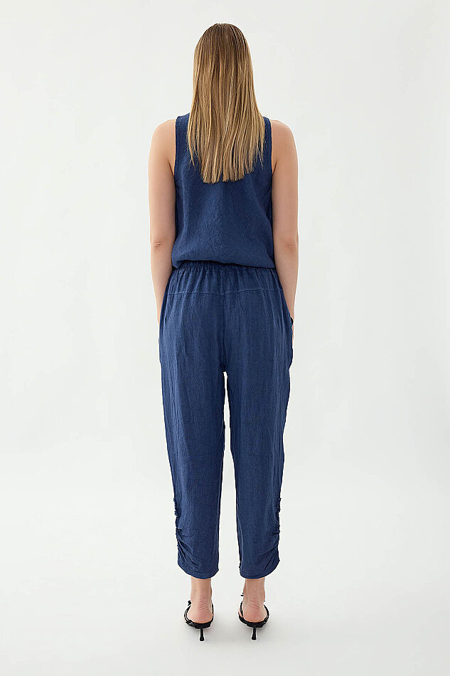 %100 Keten Beli Lastikli Paçası Düğmeli Pantolon - 24