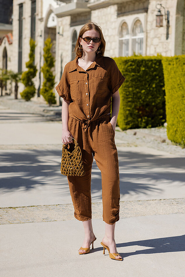 %100 Keten Beli Lastikli Paçası Düğmeli Pantolon