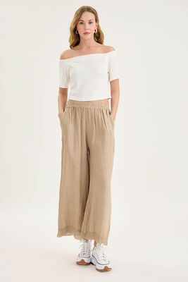 VİTRİN - Beli Lastikli Paçası File Detaylı Keten Pantolon