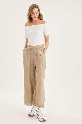VİTRİN - Beli Lastikli Paçası File Detaylı Keten Pantolon (1)