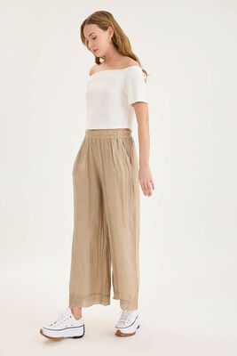 Beli Lastikli Paçası File Detaylı Keten Pantolon - Thumbnail (2)