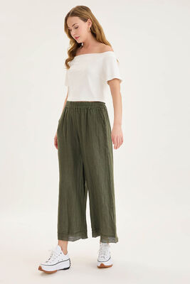 Beli Lastikli Paçası File Detaylı Keten Pantolon - Thumbnail (7)