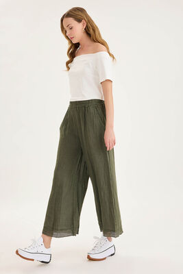 Beli Lastikli Paçası File Detaylı Keten Pantolon - Thumbnail (8)