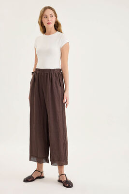 Beli Lastikli Paçası File Detaylı Keten Pantolon - Thumbnail (12)