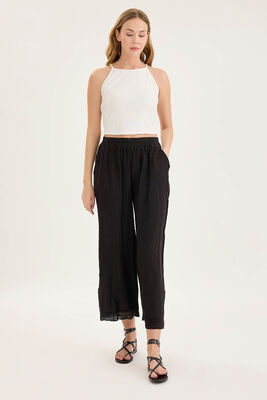 Beli Lastikli Paçası File Detaylı Keten Pantolon - Thumbnail (17)