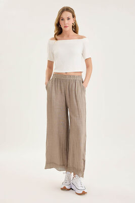 Beli Lastikli Paçası File Detaylı Keten Pantolon - Thumbnail (23)
