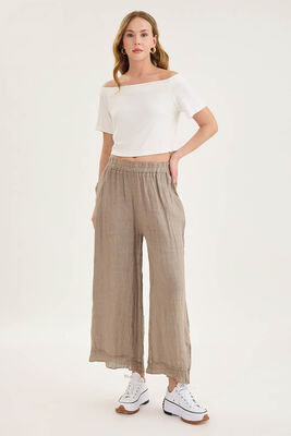 Beli Lastikli Paçası File Detaylı Keten Pantolon - Thumbnail (24)