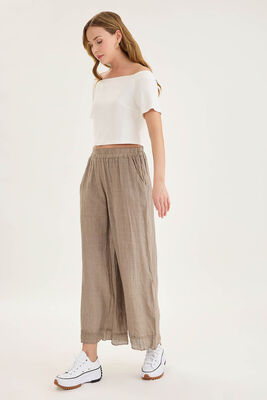 Beli Lastikli Paçası File Detaylı Keten Pantolon - Thumbnail (25)