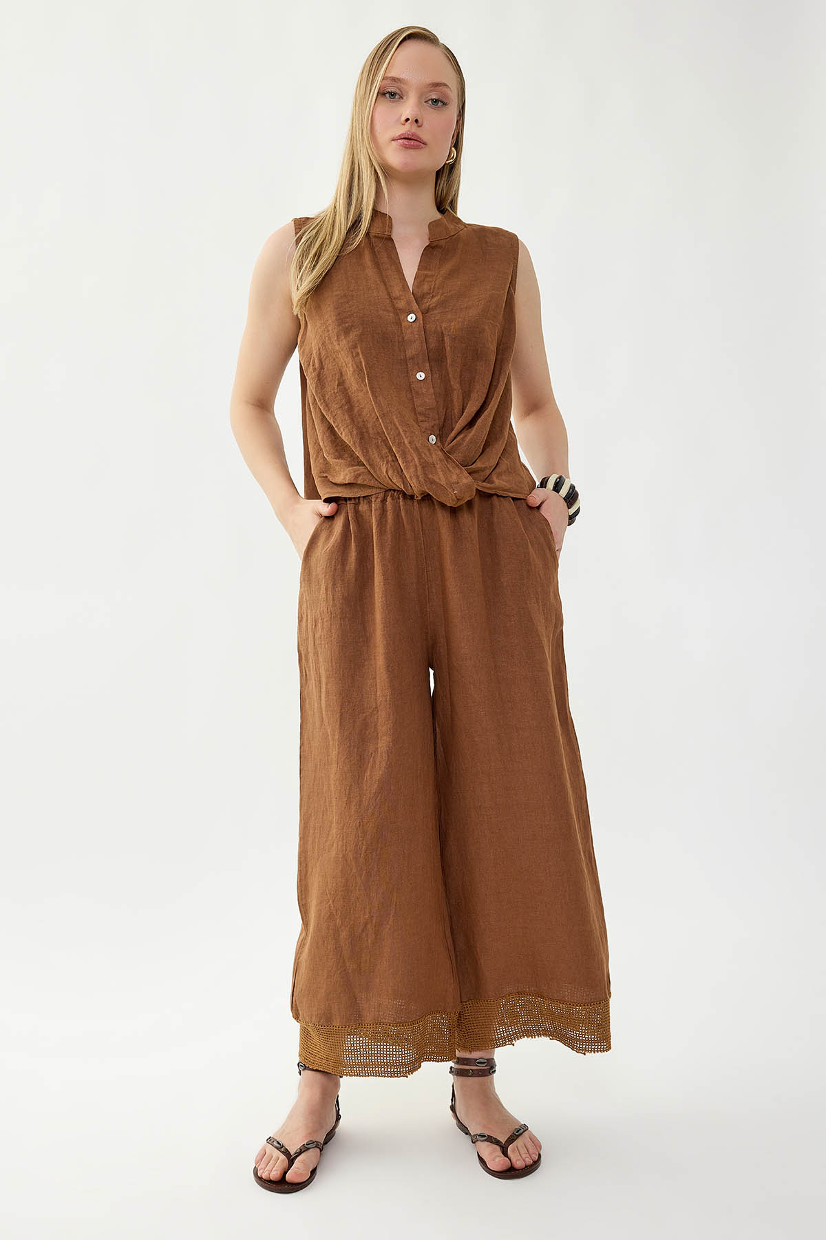 %100 Keten Beli Lastikli Paçası Fileli Pantolon - Thumbnail