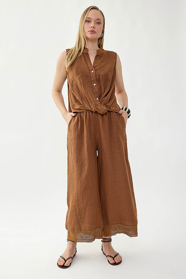 %100 Keten Beli Lastikli Paçası Fileli Pantolon - 4