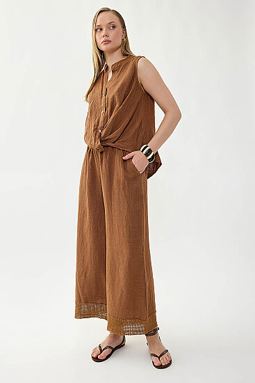 %100 Keten Beli Lastikli Paçası Fileli Pantolon - 5