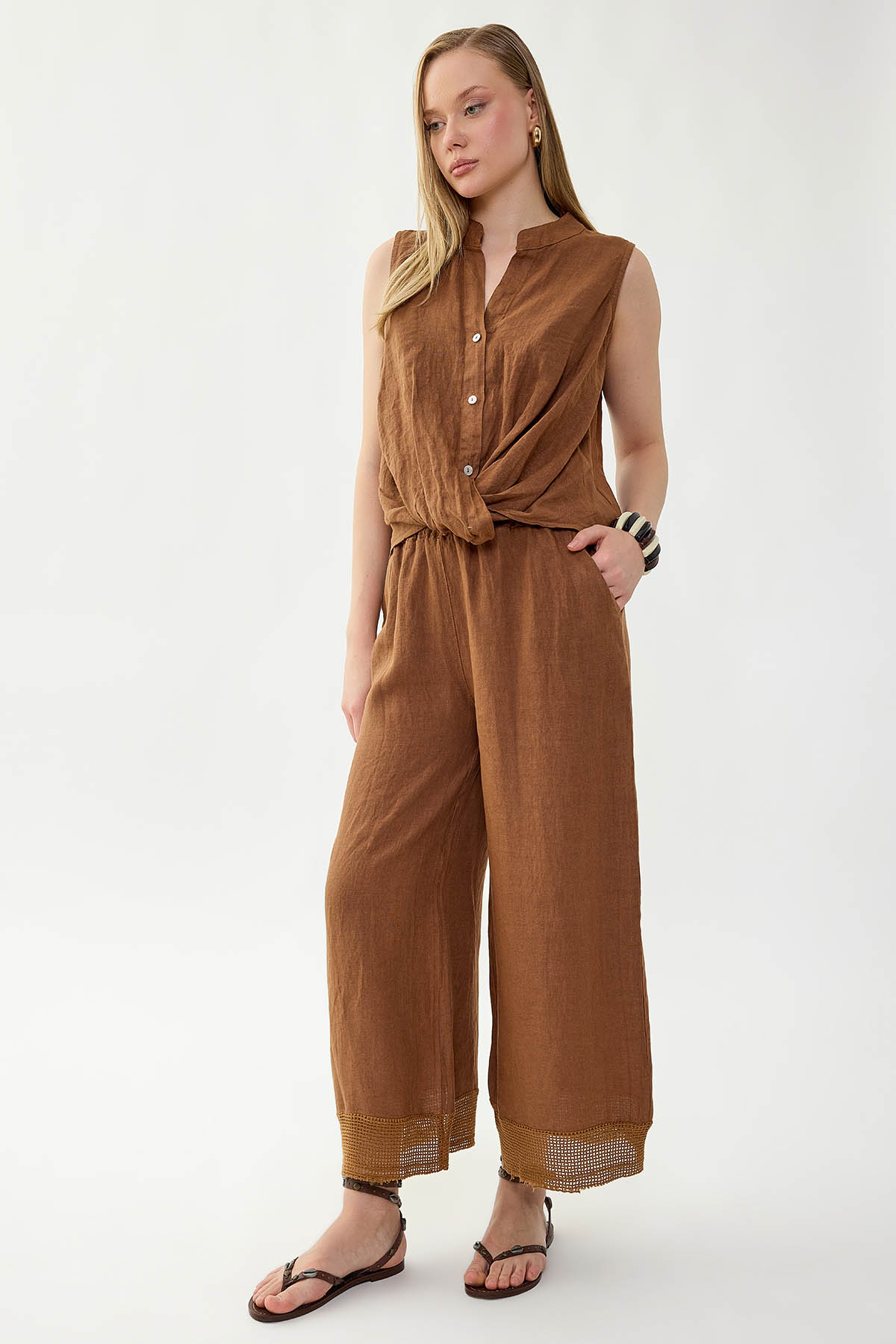 %100 Keten Beli Lastikli Paçası Fileli Pantolon - Thumbnail