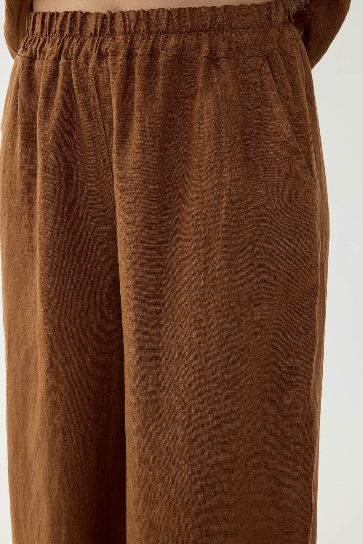 %100 Keten Beli Lastikli Paçası Fileli Pantolon - Thumbnail